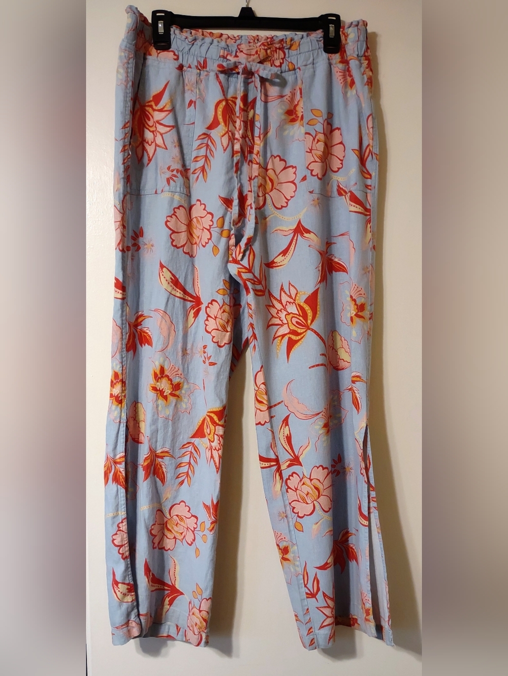 Light Blue Floral Linen/ Rayon Drawstring Wide-Leg Pants L